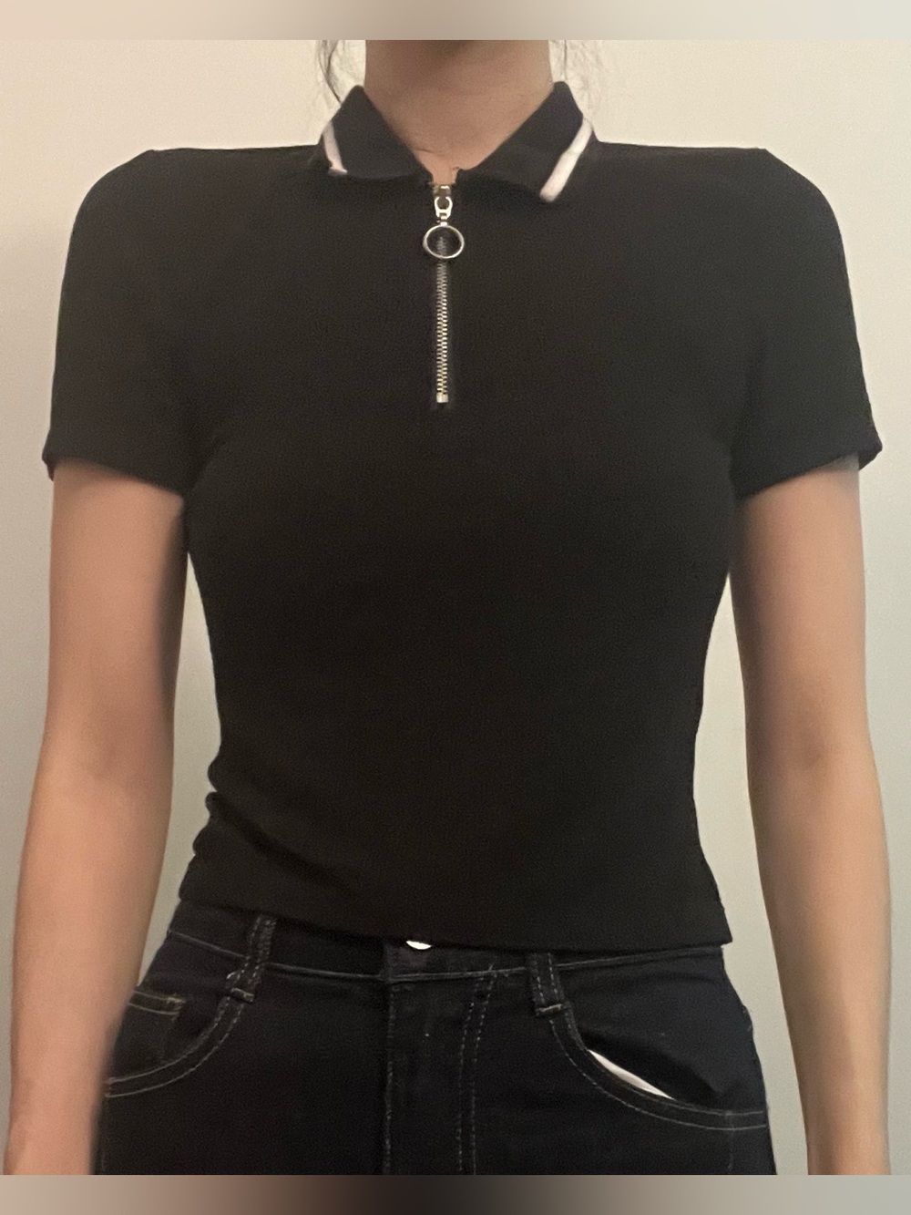 Divided Black Zip Polo Crop Top with White Collar Trim